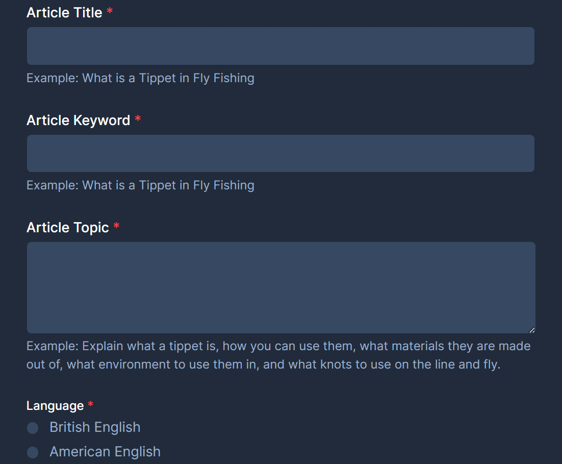 Form inputs for an AI written article